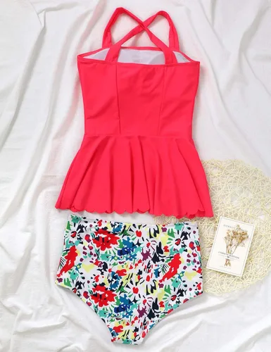 Vista 6 de Traje de baño de cintura alta para mujer, estilo vintage, 2 piezas, con volante, tankini, bikini