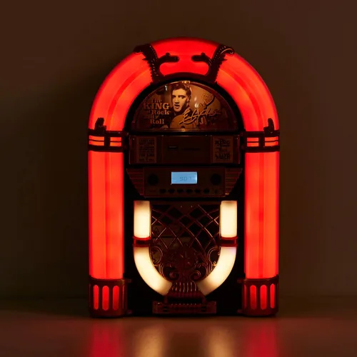 Vista 3 de Athena - Mini Jukebox/reproductor de CD de mesa, altavoz Bluetooth, radio/reproductor de tarjetas USB y SD con sistema de iluminación LED retro