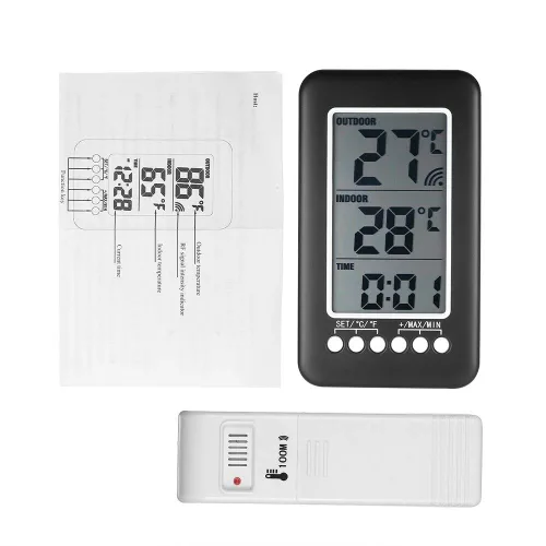 Vista 7 de Termómetro para interiores y exteriores Termómetro inalámbrico para casa LCD ℃/℉ Reloj digital Medidor de temperatura con transmisor Números fáciles