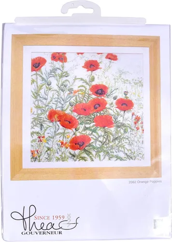 Vista 5 de Thea Gouverneur - Kit de punto de cruz, amapolas naranjas, Aida, 16 unidades, kit de bordado para adultos, hilos de bordado DMC y otros suministros