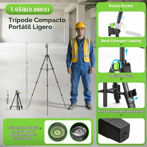 Vista 8 de Huepar Nivel láser autonivelante con trípode de 60" U011G