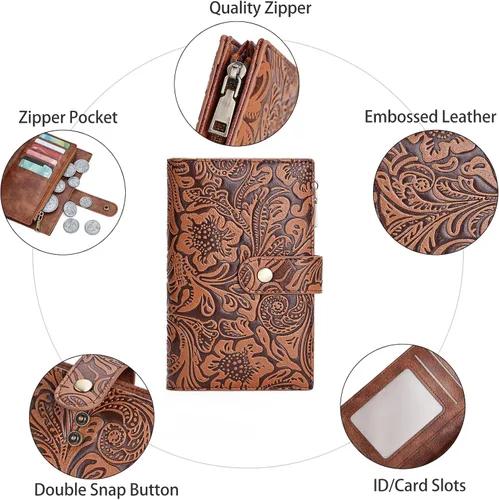 Vista 5 de GOIACII Cartera de viaje para mujer, con bloqueo RFID, triple pliegue, con bolsillo con cremallera para monedas, A01 café, Classic