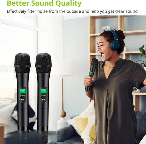Vista 3 de LiNKFOR Micrófono inalámbrico, sistema de micrófono de karaoke inalámbrico UHF, micrófono inalámbrico dual profesional de 196 pies, rango