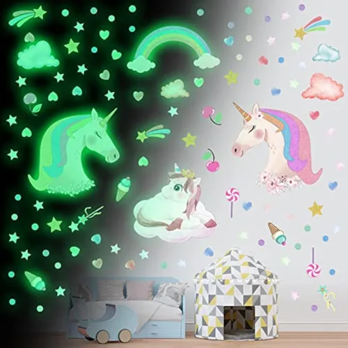 Vista 11 de Estrellas que brillan en la oscuridad para la habitación, adhesivos de pared/techo que brillan de gatos, calcomanías de mariposas de gatito