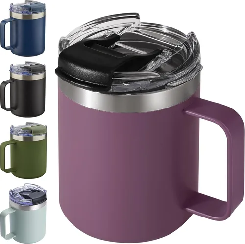 Vista 39 de Taza de café aislada de 12 onzas con asa, taza de café de viaje de acero inoxidable con tapa abatible, vaso de café de doble pared con aislamiento