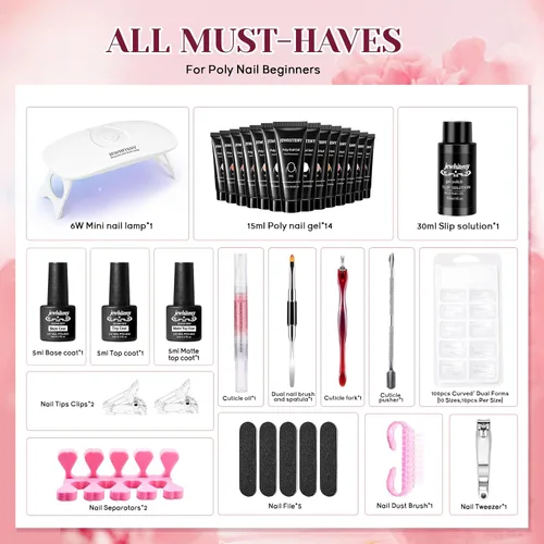Vista 2 de JEWHITENY Kit de 14 piezas de gel de uñas poli, kit de gel de extensión poli, kit de iniciación con solución deslizante, juego de extensión