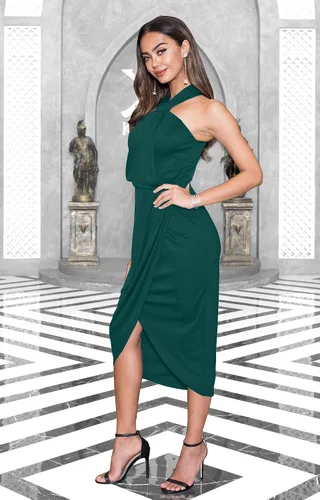 Vista 3 de KOH KOH Vestido midi largo con cuello halter y abertura para dama de honor, invitada de boda