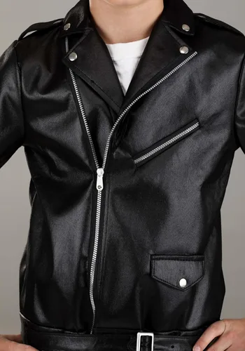 Vista 3 de Chaqueta Grease para niños, disfraz de Halloween de T-Birds negro con cremallera central y detalles de logotipo impreso