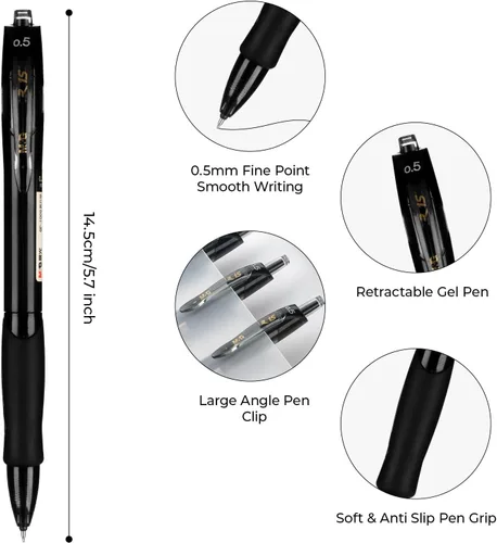 Vista 2 de M&G Juego de 5 bolígrafos de gel, bolígrafos retráctiles de tinta negra de 0.5mm, bolígrafos de punta fina, bolígrafos de gel de secado rápido