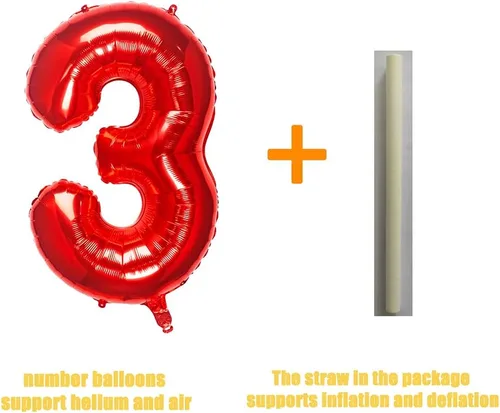 Vista 3 de Globos rojos de 32 pulgadas con el número 3 de aluminio, suministros de decoración de fiesta de cumpleaños (globo rojo del número 3)