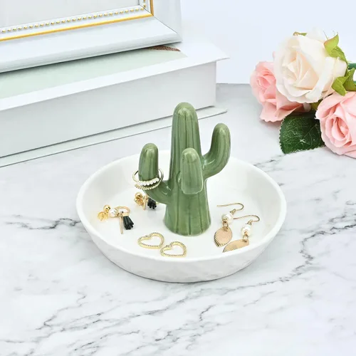 Vista 2 de Soporte para anillos de cactus de cerámica para joyas, decoración de cactus para amiga, hermana, cumpleaños, boda, aniversario, novia, compromiso
