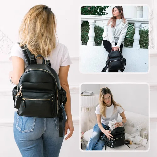 Vista 2 de Miss Fong - Mochila pequeña para pañales, mini mochila para pañales con 11 bolsillos, mochila mini para pañales de bebé con soporte para Negro
