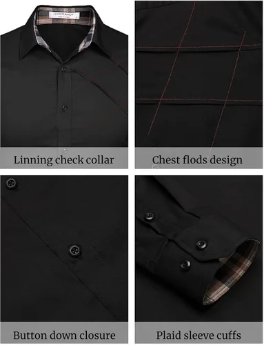 Vista 5 de COOFANDY Camisas de vestir de algodón para hombre, manga larga, cuello a cuadros, ajuste delgado, casual, con botones