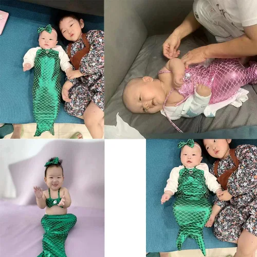 Vista 6 de Disfraz de sirena recién nacida para fotos de bebé, diadema de fotografía, brasier de cola de sirena para bebés y niñas de 3 a 6 meses