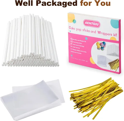 Vista 7 de 8 Inch Lollipop Sticks and Wrappers Kit, 300 Pcs for Large Cake Pop, Candy