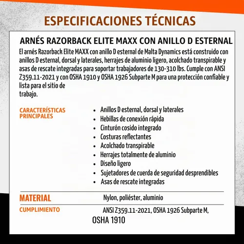 Vista 9 de Razorback Elite MAXX - Arnés de seguridad y kit de protección contra caídas con cinturón lumbar cosido y asas de rescate integradas para detención