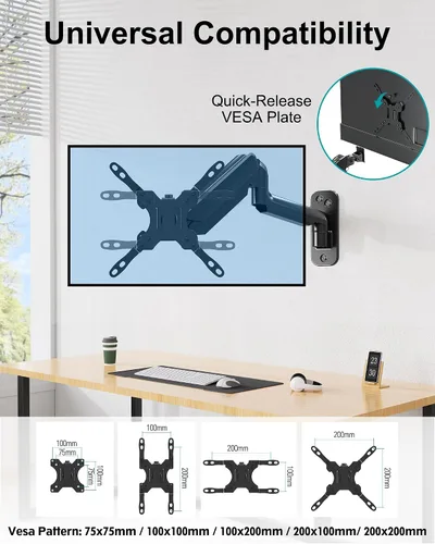 Vista 2 de MOUNT PRO Soporte de pared para monitor para pantallas curvadas planas de 35 pulgadas/26.4 libras, brazo de monitor único de alta resistencia