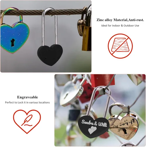 Vista 5 de Candado de amor VeYocilk de 3.5" 50mm en forma de corazón, candado de corazón negro para deseos de amor, ideal para bodas, San Valentín