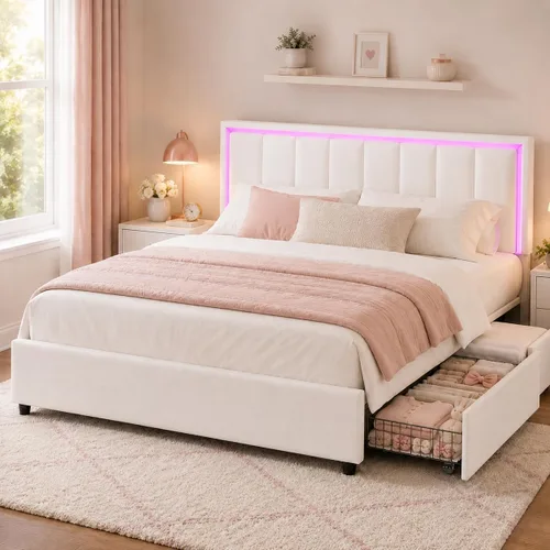 Vista 9 de Base de cama tamaño Queen con 4 cajones de almacenamiento, base de cama tapizada Queen con cabecero, luces LED RGB, base de metal resistente y Blanco