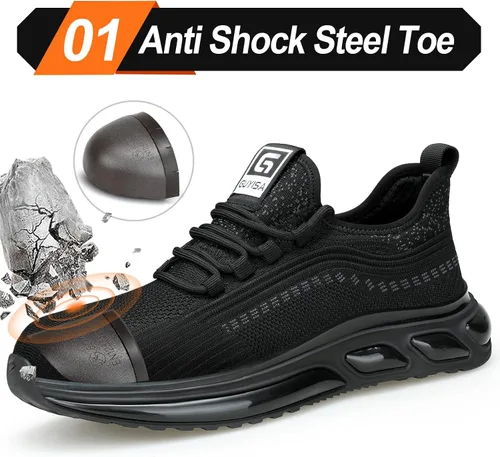 Vista 2 de LAoutun Zapatos de punta de acero para hombres y mujeres, zapatos de trabajo de seguridad indestructibles, zapatos de trabajo ligeros