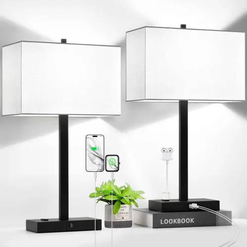 Vista 19 de Lynnoland Juego de 2 lámparas de noche de 21 pulgadas con tomas USB A+C y CA, control táctil, regulables de 3 vías, para dormitorio, sala de estar