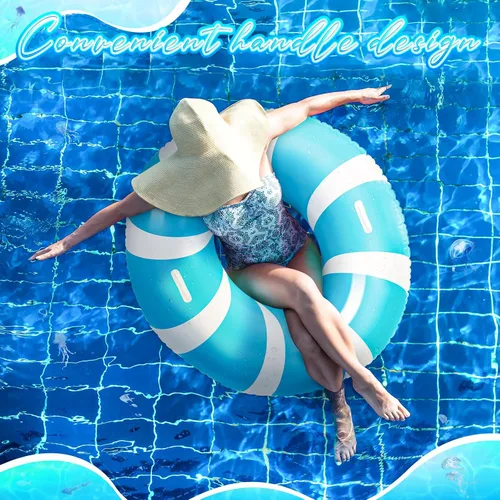 Vista 5 de WinnerWhy 1 anillo de natación azul jumbo con asas de 47.24 pulgadas, tubo inflable de flotador de piscina clásico a rayas para adultos, tumbonas