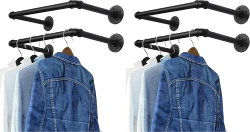 Vista 10 de OROPY Perchero industrial de tubería de 21.2 pulgadas, juego de 2, barra de ropa de hierro negro resistente para montaje en la pared, barra