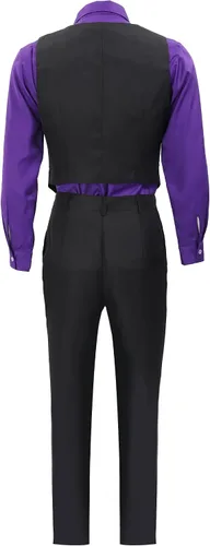 Vista 3 de Disfraz morado de talla estadounidense para hombre, conjunto completo de cosplay con sombrero y gafas para Halloween