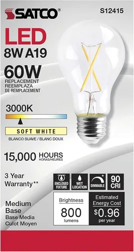 Vista 2 de Satco Bombillas LED transparentes A19 de 8 W, base media, 3000 K, blanco suave, 120 voltios (paquete de 6)