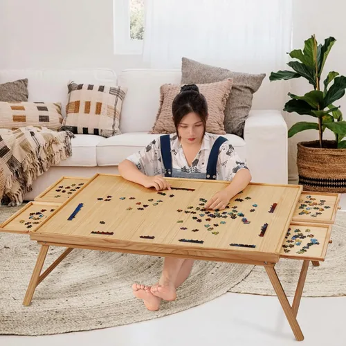 Vista 7 de TEAKMAMA Tablero de rompecabezas de madera de 1500 piezas con 4 cajones, mesa de rompecabezas plegable con cubierta protectora, tablero de Marrón