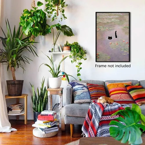 Vista 5 de CAXIYSH Arte de pared de gato negro Monet, póster de lirios acuáticos, vintage, divertido, floral, gato, lienzo, pinturas famosas, impresiones