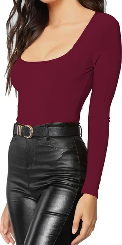 Vista 131 de MANGDIUP Body esencial para mujer, cuello redondo, manga larga, ajustado, elástico, de algodón y elastano