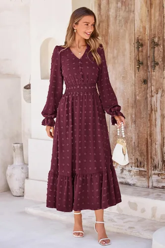 Vista 3 de MASCOMODA Vestido largo para mujer, manga larga, cuello en V, lunares suizos, bohemio, fruncido, cintura alta, acampanado, con escalonados, vestidos
