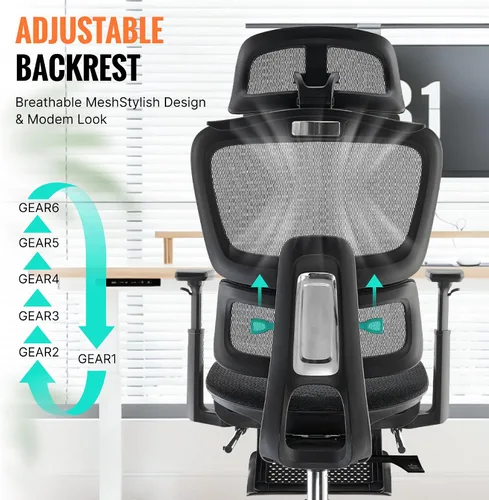 Vista 8 de Silla de oficina ergonómica, silla de escritorio de malla para el hogar, cómoda silla de juegos con reposapiés, ruedas, reposacabezas 2D ajustable