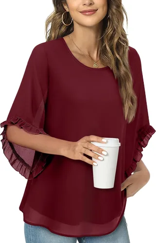 Vista 2 de VAFOLY Blusa de manga 34 con volantes para mujer, camisas fluidas de doble capa, elegantes blusas de gasa