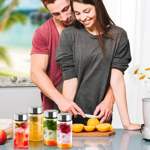 Vista 5 de Botellas de vidrio de 12 onzas con tapas, Paquete de 4 Botellas de Jugo de Vidrio, Botella de Agua Reutilizable para Jugos, Botellas de Licuadora