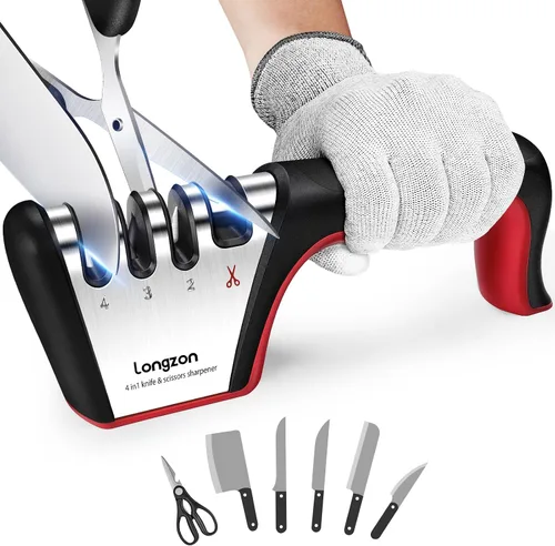 Vista 10 de Longzon Afilador de cuchillos 5 en 1 de 4 etapas con guante resistente a cortes, afila y restaura rápidamente las cuchillas sin filo, fácil y seguro