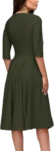 Vista 2 de FENJAR Elegance Audrey Hepburn - Vestido midi acampanado con manga 34 fruncida y mangas