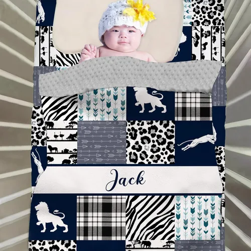 Vista 3 de Wild Animals - Juego de ropa de cama personalizado para cuna de bebé, juego de 2 piezas, edredón con nombre y sábanas bajeras animales salvajes