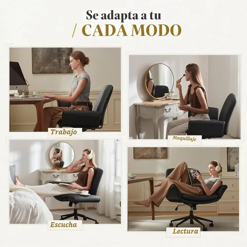 Vista 8 de Dowinx Silla Criss Cross con brazos y ruedas ajustables de cinco niveles - Cómoda silla giratoria ergonómica de cuero PU para tocador - Silla