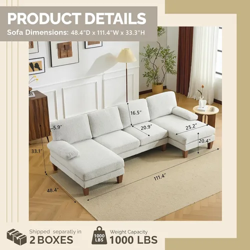 Vista 2 de VINGLI Sofá seccional en forma de U de 110' con dos chaise, sofá pequeño asequible con 4 asientos, sofás cómodos de tela chenille para sala