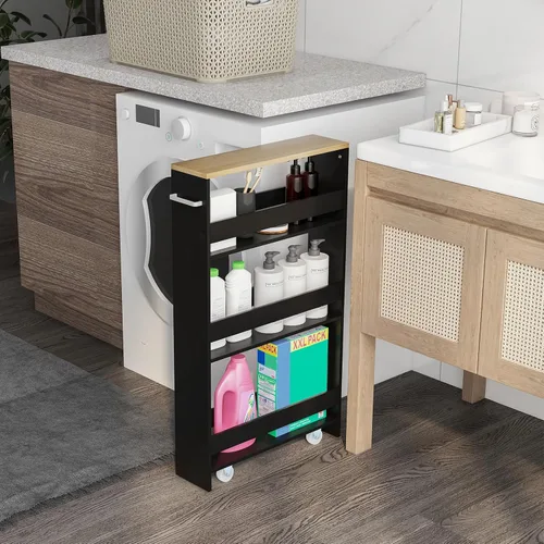 Vista 3 de Carrito de almacenamiento delgado de 4 niveles, organizador de estantería móvil con ruedas y asa, carrito utilitario rodante para cocina, baño
