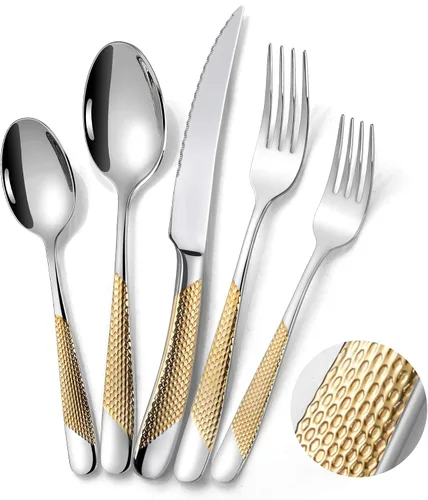Vista 13 de Lemeya Juego de cubiertos martillados de oro rosa martillado de 20 piezas para 4 con cuchillos de forja dentados, juego de cubiertos moderno