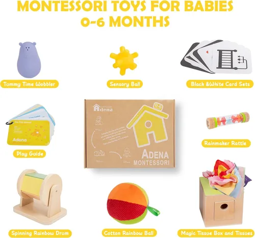 Vista 2 de Juguetes Montessori 8 en 1 para bebés de 0 a 6 meses, tarjeta blanca y negra para recién nacidos, sonajero Rainmaker para bebés, caja de pañuelos