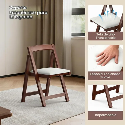 Vista 2 de Silla plegable de madera con asiento acolchado, silla de comedor plegable portátil, silla apilable de madera maciza para bodas, eventos, oficina
