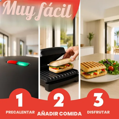 Vista 3 de Gourmia Parrilla interior y panini Maker – 4 porciones de contacto o parrilla abierta, cerámica antiadherente, luz indicadora de precalentamiento