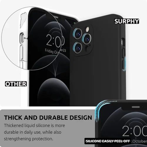 Vista 3 de SURPHY Funda diseñada para iPhone 12 Pro Max con protección para cámara, funda de silicona líquida con forro de microfibra, color negro