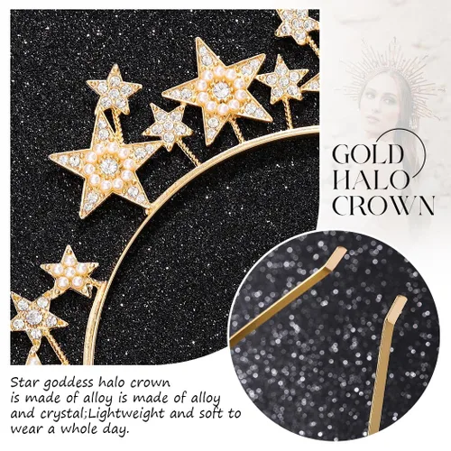 Vista 11 de CAKURE Diadema de corona con halo de estrella, diadema plateada con diamantes de imitación de diosa, accesorios para el cabello celestial para mujer
