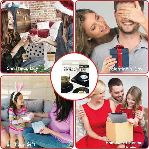 Vista 5 de Divertidos posavasos retro para bebidas de café con soporte para reproductor de vinilo, juego de 6 posavasos personalizados únicos para inauguración