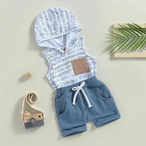 Vista 23 de Conjunto de ropa de verano para bebé niño y niño, diseño a cuadros, manga corta, sudadera con capucha y pantalones cortos casuales